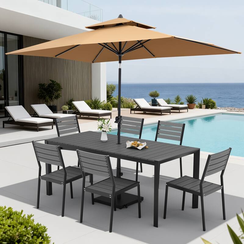 Set of 9 Outdoor Patio Dining Set WoodLike Aluminum Umbrella Hole Table with Stackable Chairs, Double Top Market Umbrella Set - GreyTable&GreyChairs&TanUmbrella