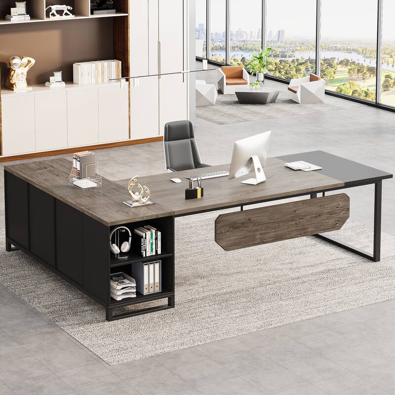 70.8" Executive Desk with 55" File Cabinet, Modern L Shaped Computer Desk with Storage Shelves and Cabinet - RusticGrey+Black