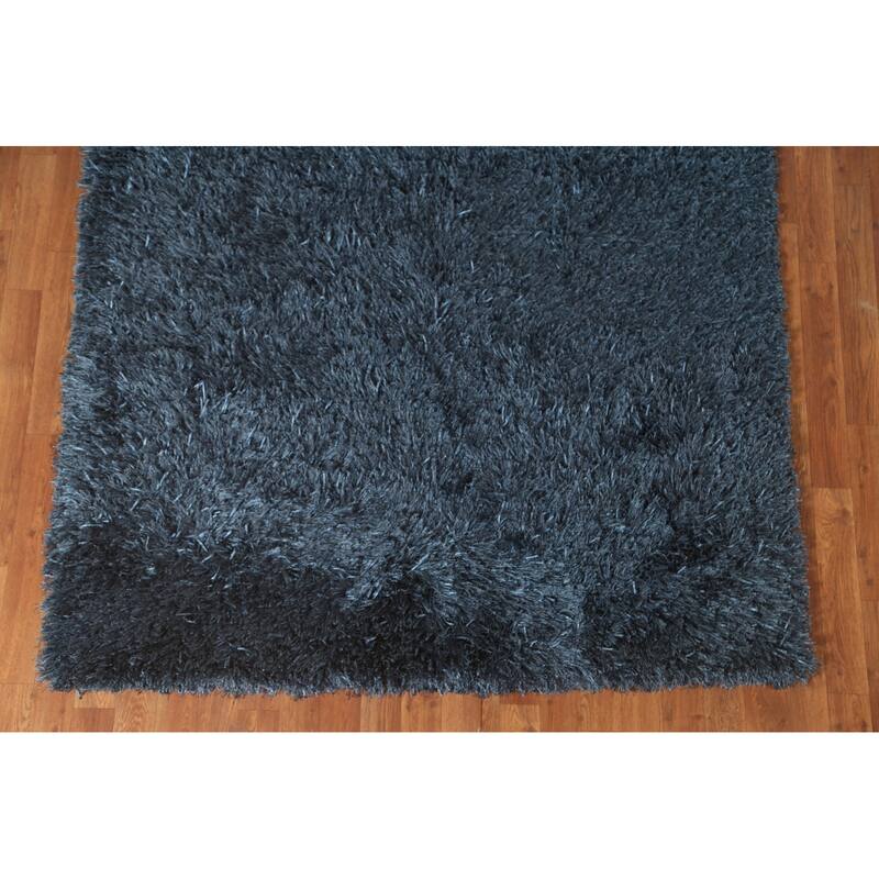 Blue Plush Shaggy Indian Area Rug Hand-Tufted Wool Carpet - 5'0" x 8'0"