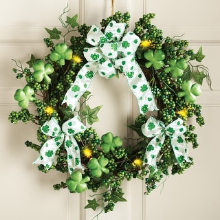 Lighted Shamrock Floral Wreath St. Patrick's Day Decoration - 13.750 x 13.600 x 4.300