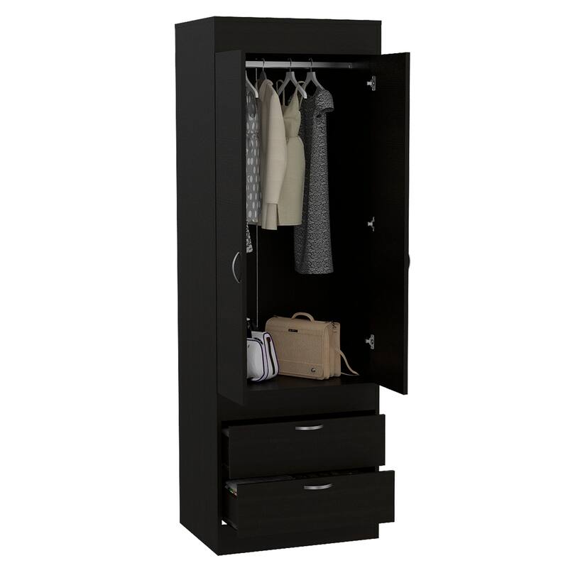 Versatile Wardrobe Armoire Closet Storage Cabinet with Double Doors, Two Drawers, and Hanging Rod - Elegant and Space-Saving