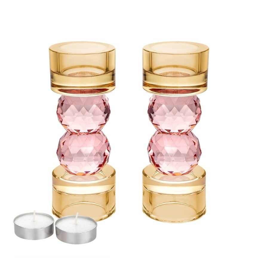 Set of 2 Candle Holders Amber with Pink Balls - 2.5"D x 5.7"H