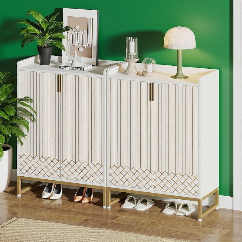 White 5 Tier Shoe Cabinet with Steel Legs Diamond Pattern Storage Organizer for 20 to 25 Pairs of Shoes