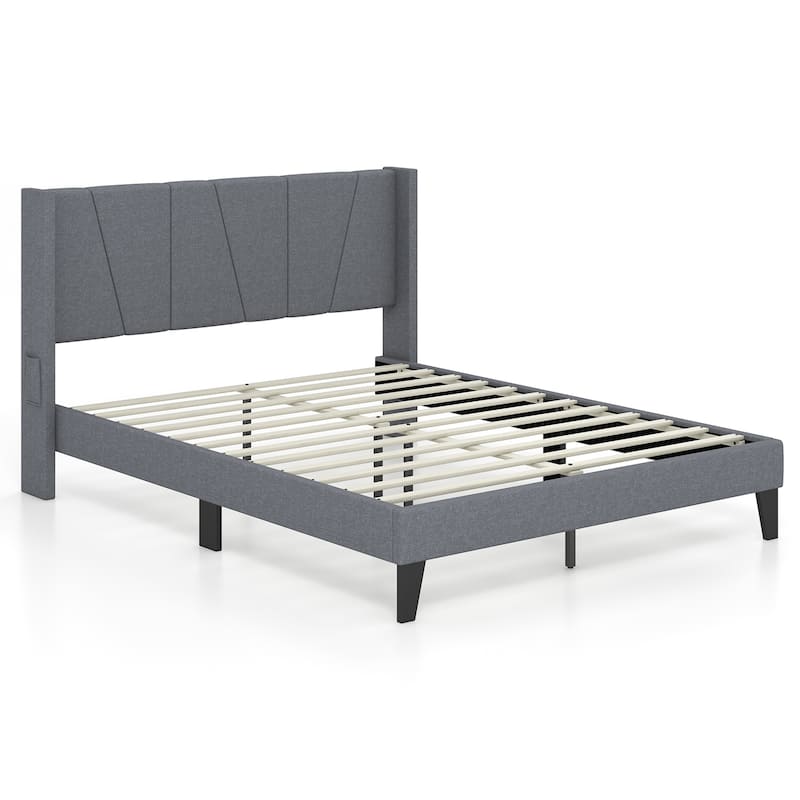 Bed Frame with Wingback Headboard and Wood Slat Support