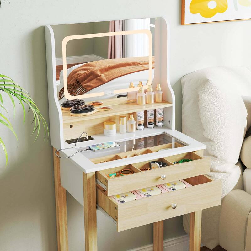 Costway Small Vanity Desk Set with Adjustable LED Lighted Mirror and