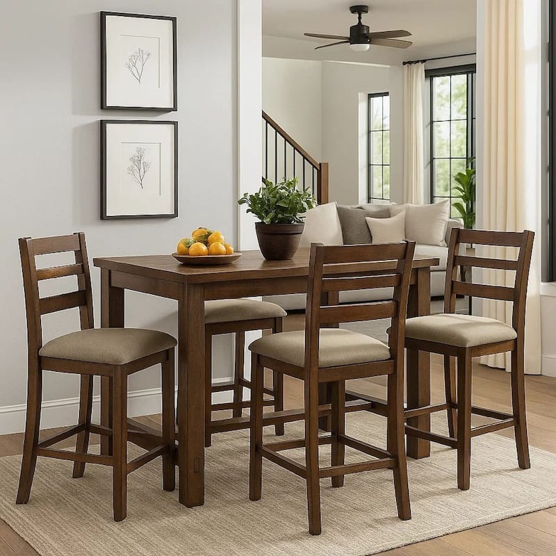 Rustic Plank Wooden Counter Height Table with Block Legs, Oak Brown