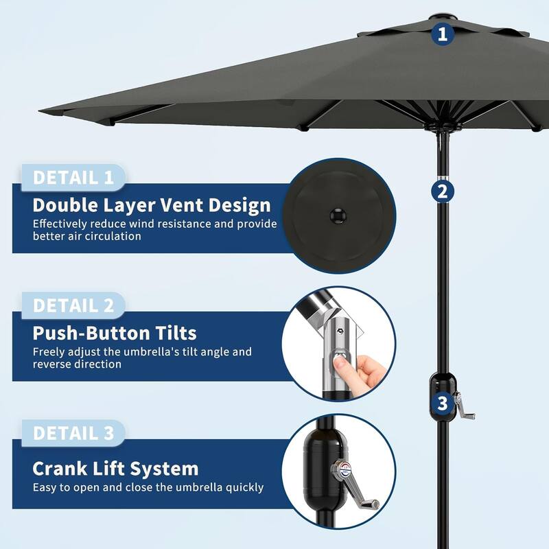 10Ft Patio Umbrella - 8 Sturdy Ribs Outdoor Table Umbrella with Crank Lift & Push Button Tilt