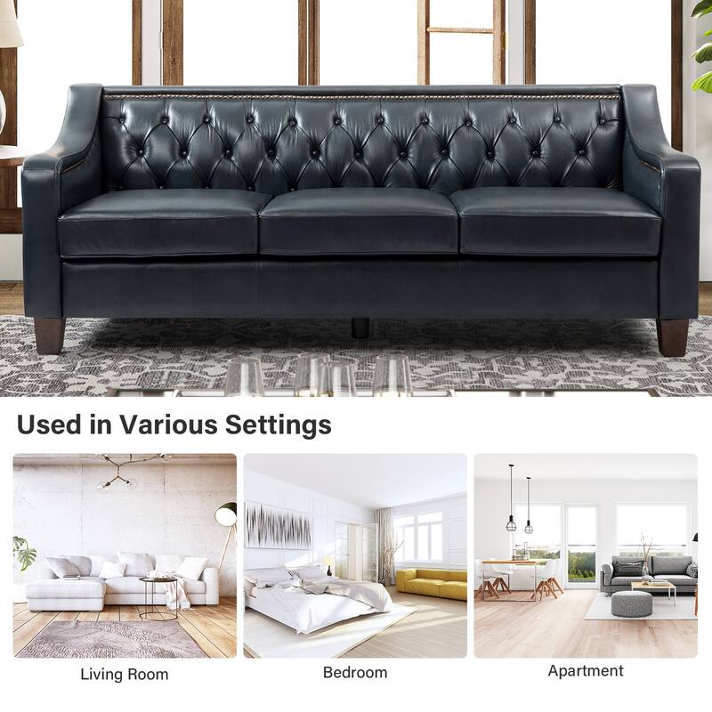Mateo 82.28" Wide Transitional Genuine Leather Sofa with Nailhead Trim and Button-Tufted Back