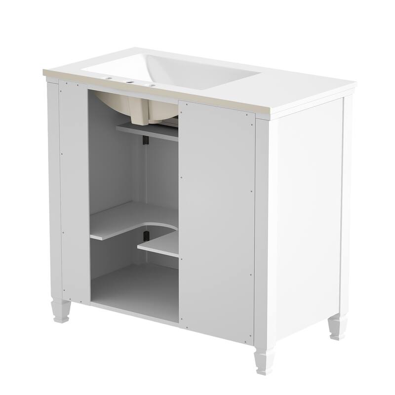 Roomfitters Bathroom Vanity with Sink, Ceramic Basin with One Tip-out Drawer, Three Side Drawers and Adjustable Shelf