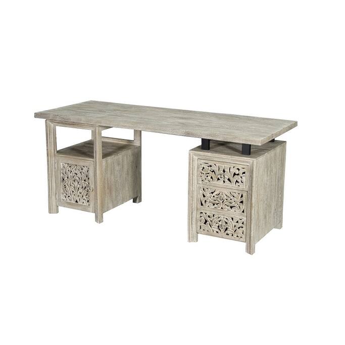 HomeRoots 68" White Solid Wood and Metal Carved Floral Desk With Three Drawers