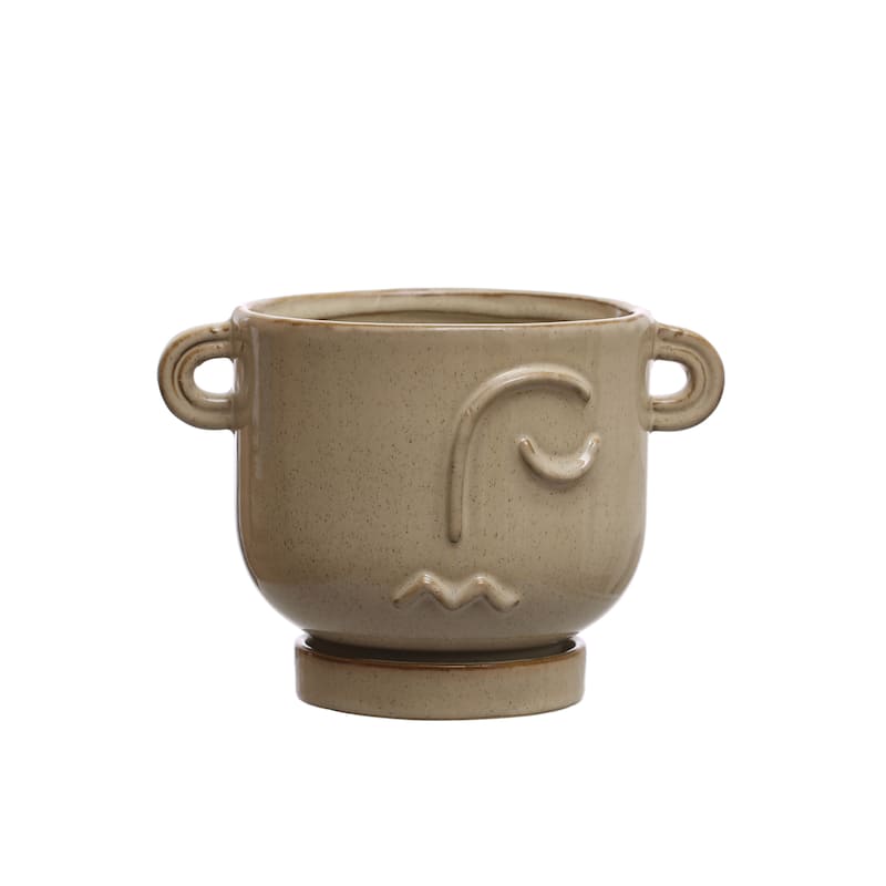 Stoneware Face Planter with Reactive Glaze, Handles, and Saucer - 8.3"L x 6.1"W x 5.8"H - 8.3"L x 6.1"W x 5.8"H - Cream