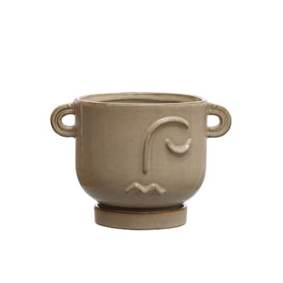 Stoneware Face Planter with Reactive Glaze, Handles, and Saucer - 8.3"L x 6.1"W x 5.8"H