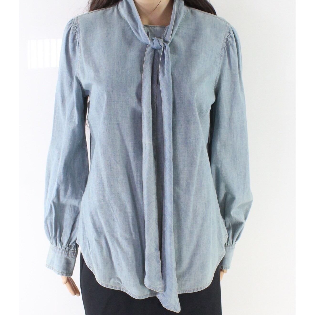 ralph lauren denim tie neck blouse