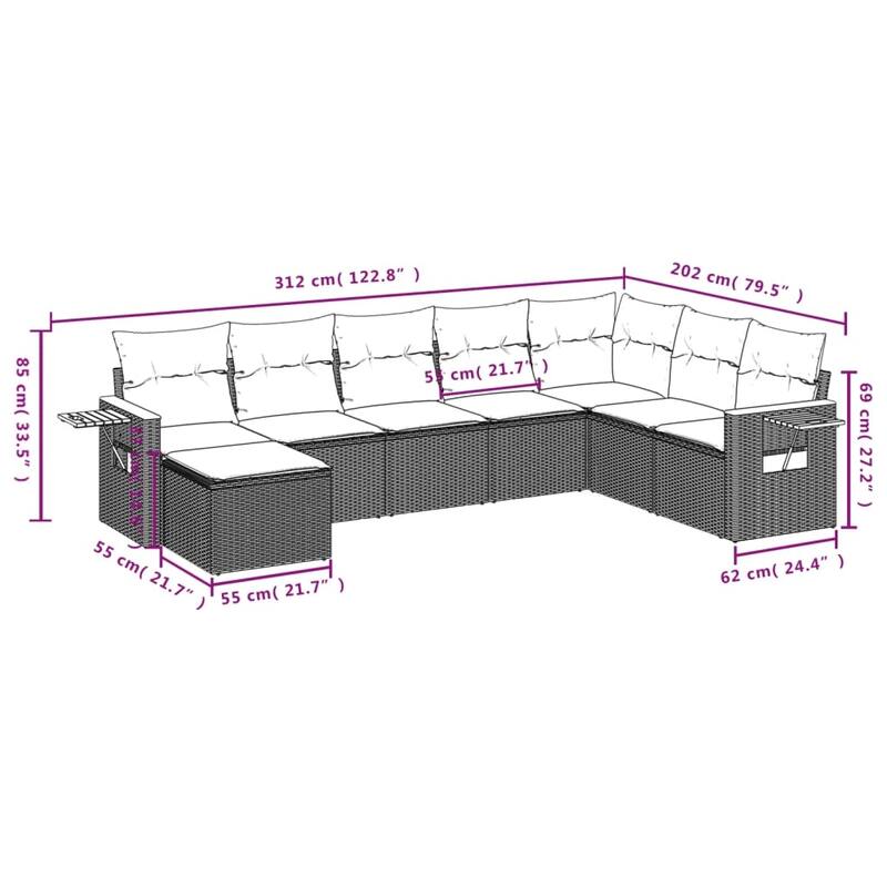 vidaXL Patio Sofa Set with Cushions Outdoor Conversation Furniture Poly Rattan - 21.7 x 21.7 x 14.6 in