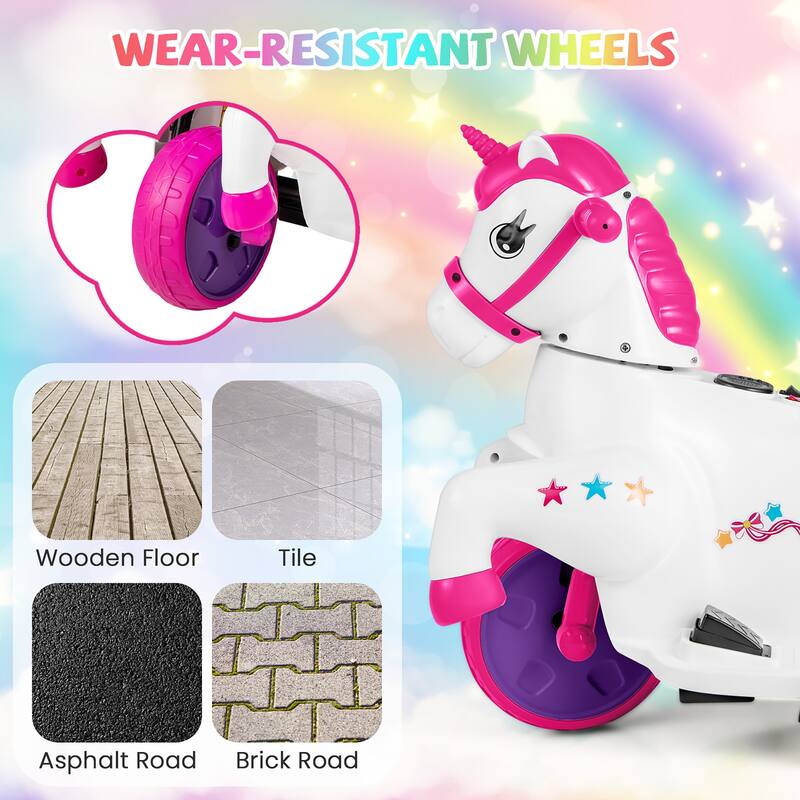 Gymax 12V Kids Ride on Unicorn Toy w/ Training Wheels Music One-button