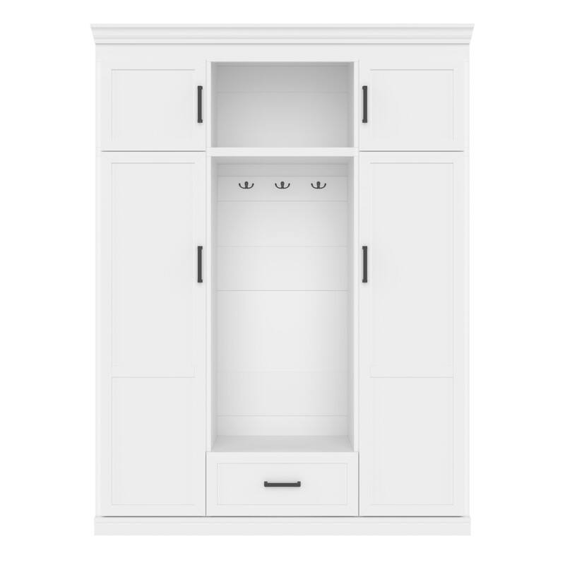 Entryway Bench with Coat Rack, Adjustable Shelves and Drawers, Entryway Storage Organizer Cabinet with 4 Doors