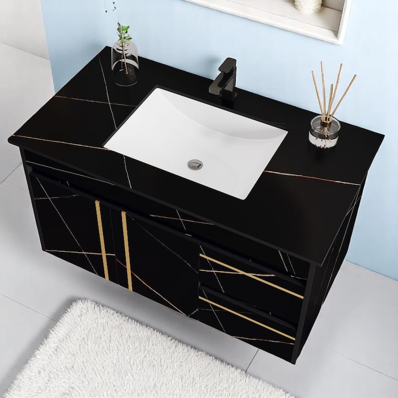 35.4 Inch Wall-Mounted Bathroom Vanity with Engineered Stone Top, Ceramic Sink, Soft-Close Drawers & Door