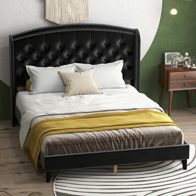 Upholsted Bed Frame with Wingback Headboard, King Size - Black