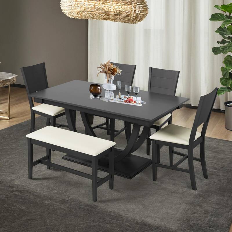 6-Piece Wood Half Round Dining Table Set Kitchen Table Set with Long Bench and 4 Dining Chairs, Modern Style