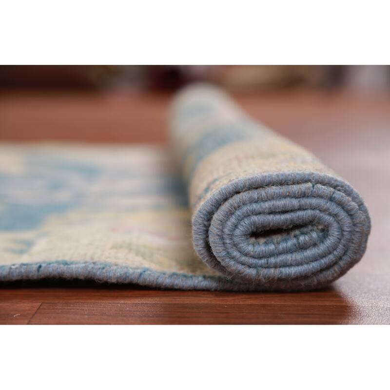 Hand Knotted Oriental 100% Wool Carpet Transitional Floral Navy Blue & Blues Oushak Runner Rug - 11' 7'' X 2' 10''
