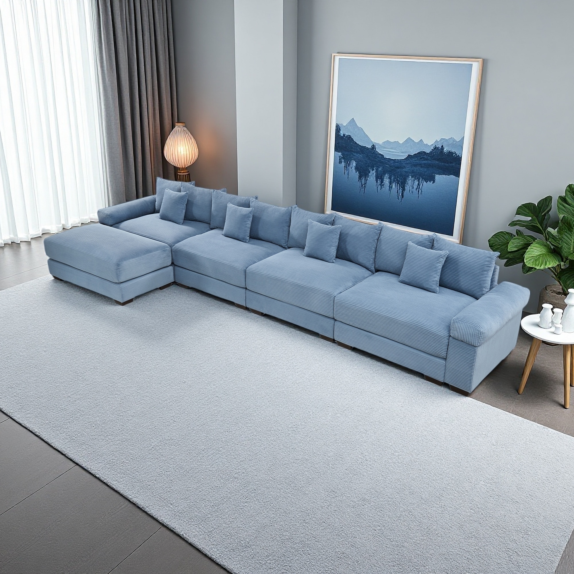 167.6" Corduroy Modular L-Shaped Cloud Sectional Sofa with Ottoman Included and 12 Throw Pillows (4-Seater)