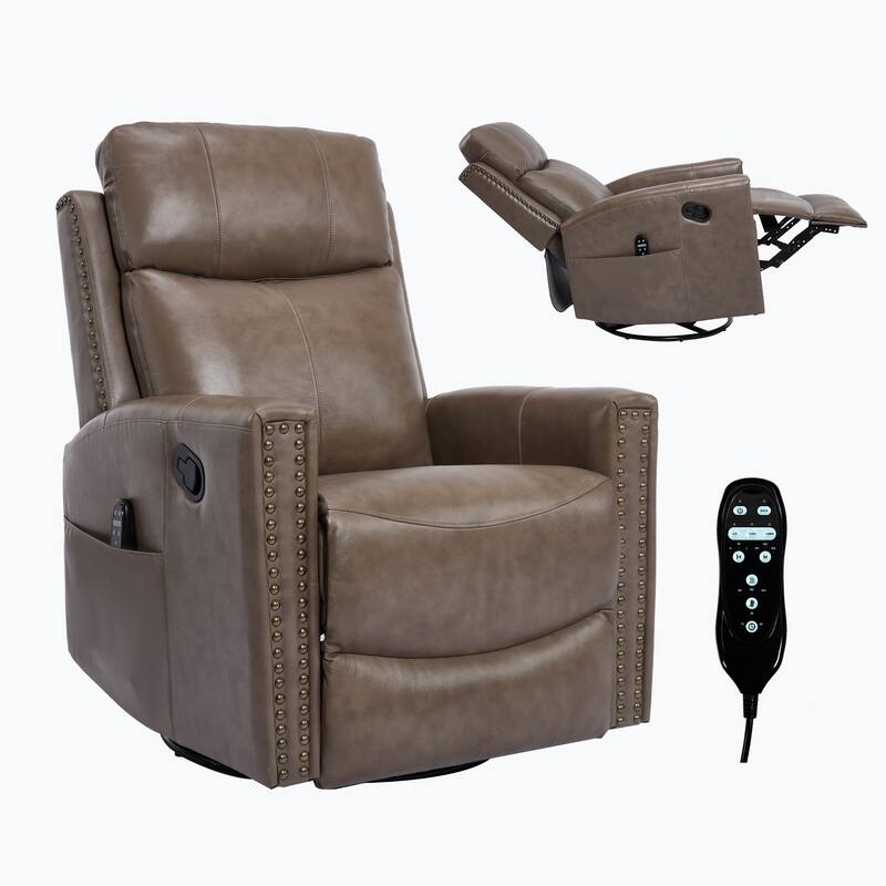 Roomfitters Genuine Leather Swivel Rocker Recliner, Manual Massage Glider with Heat and Top Grain Cowhide, Living Room