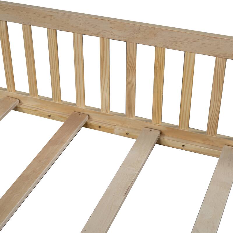 Natural Wood Full Size House Platform Bed with Safety Guardrail for Kids