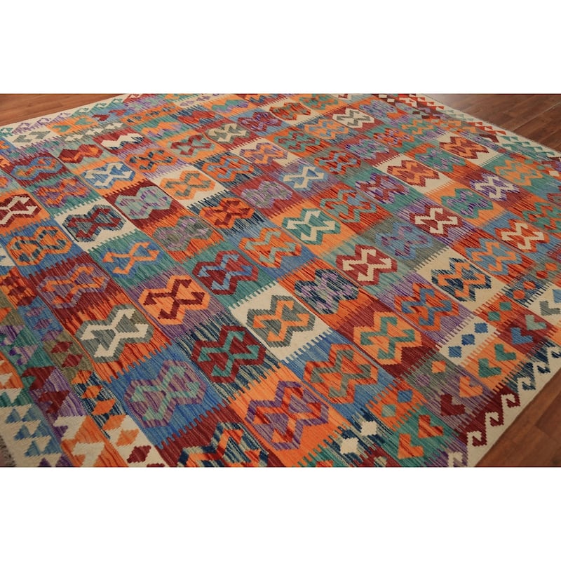 Colorful Geometric Kilim Oriental Area Rug Hand-Woven Wool Carpet - 8'5" x 9'6"