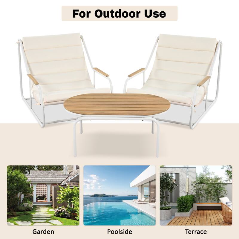 Set of 3 Patio Chaise Lounge Chair with Acacia Side Table