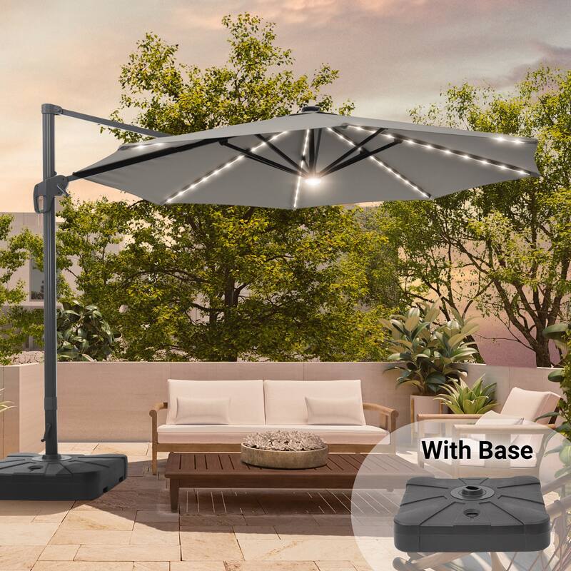 11FT Solar LED Patio Cantilever Umbrella With Resin Base by Bonosuki - Gray