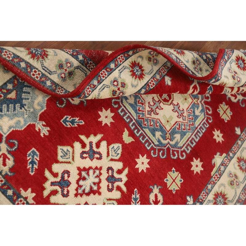 Red Geometric Kazak Rug Hand-Knotted Wool Carpet - 3'5" x 5'0"