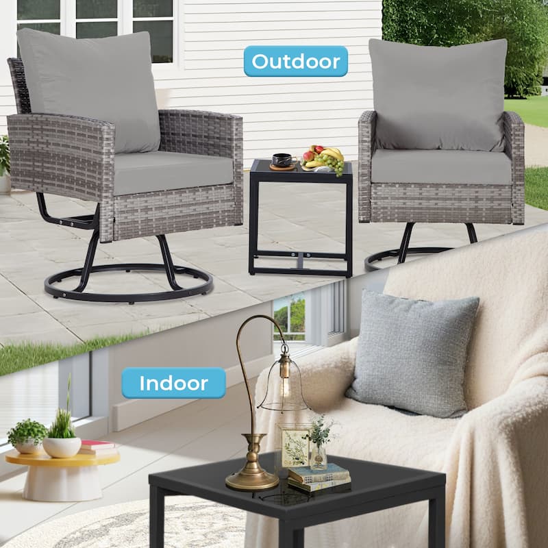 3-Piece Outdoor Swivel Chair Patio Set, 360°PE Rattan Chairs with Cushions, Glass Coffee Table