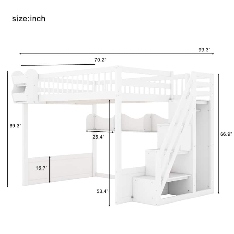Queen Wooden Loft Bed with Storage Staircase, Wardrobe & Shelving by Harper&Bright Designs
