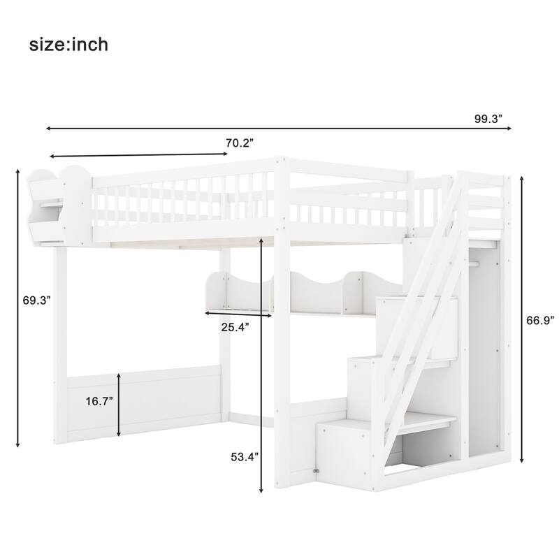 Roomfitters Queen Size Loft Bed with Wardrobe, Storage Staircase and Shelves