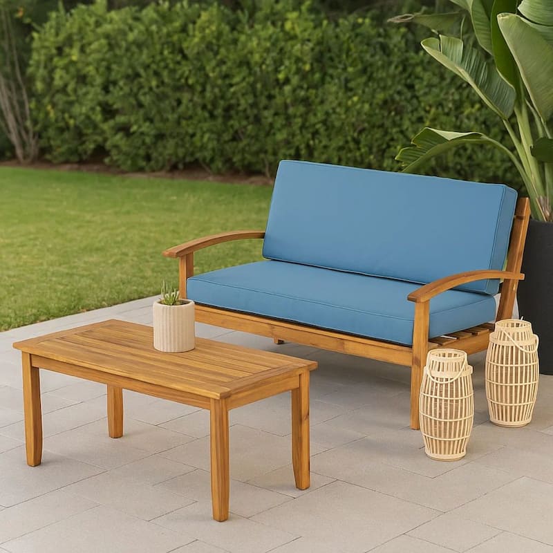 Outdoor Loveseat and Coffee Table Set, Blue Cushions, Brown Acacia Wood