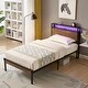 preview thumbnail 1 of 8, Twin Size Metal Platform Bed Frame with Wooden Headboard and Footboard ,Includes USB Charger Black+Brown