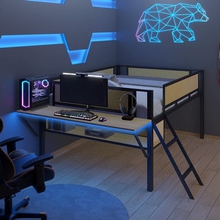 Metal Loft Bed with Rectangular Desk, LED lights, Storage Shelves and Hanging Storage Compartments, Safety Guard and Ladder
