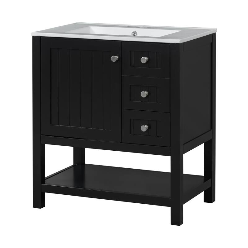 Bathroom Vanity with Ceramic Sink, Freestanding Bathroom Vanity with Soft Close Door, Solid Wood Sink Cabinet with Open Shelf