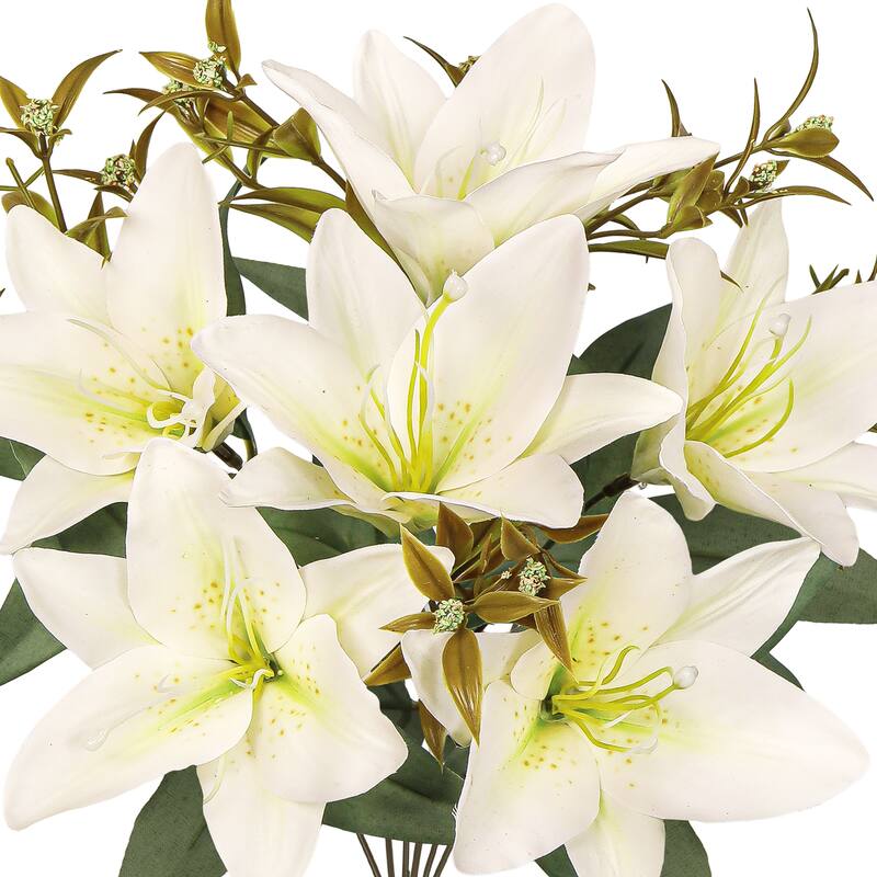 Set of 4 Cream Ivory Artificial Stargazer Lily Flower Stem Bush Bouquet 13in - 13" L x 8" W x 8" DP