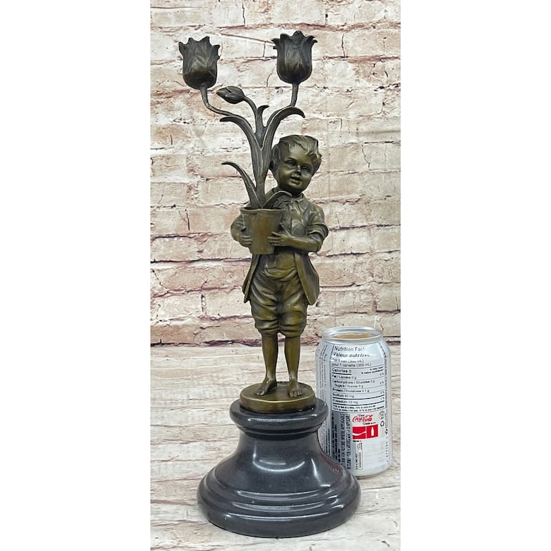 Original Aldo Vitaleh Boy Holding A Tulip Vase Bronze Candle Holder Sculpture