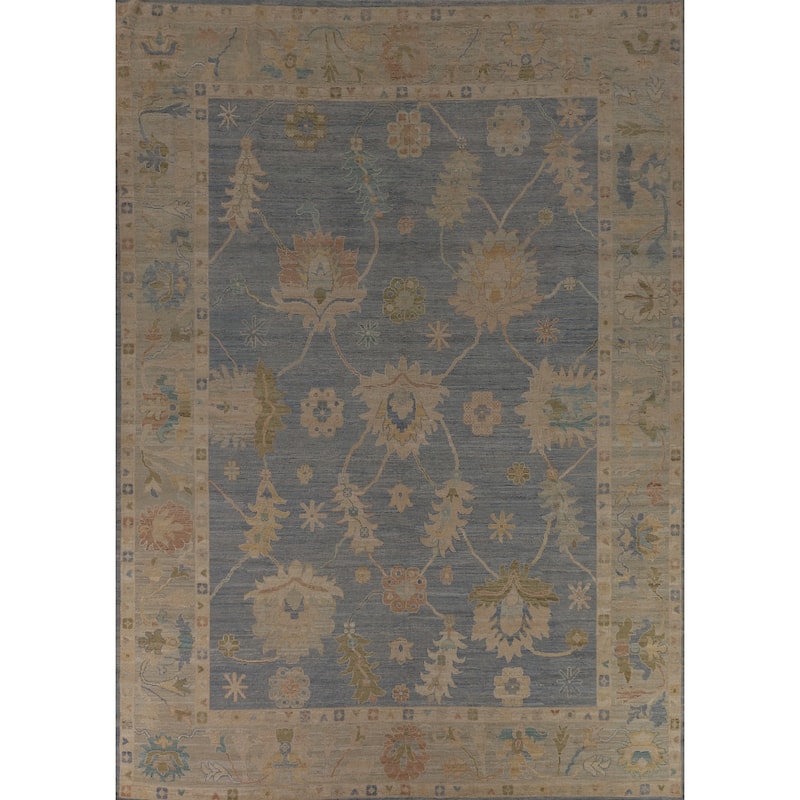 Blue Vegetable Dye Oushak Oriental Large Area Rug Handmade Wool Carpet - 10'5"x 13'7"