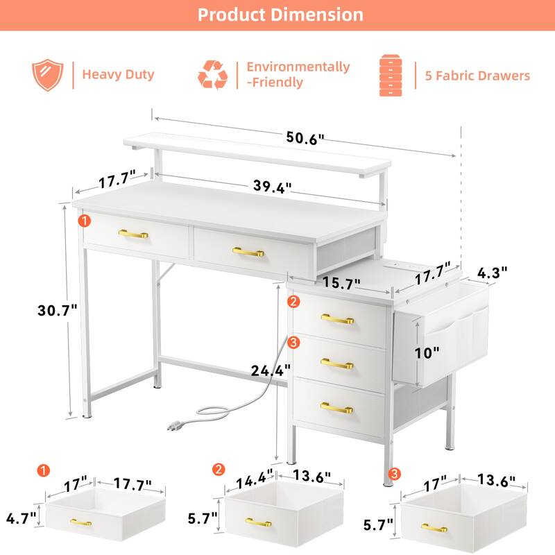 Multi - Use White Desk: 5 Drawers, Monitor Hutch, Outlets, LED Lighting – Fits Home Office, Study & Hobby Areas