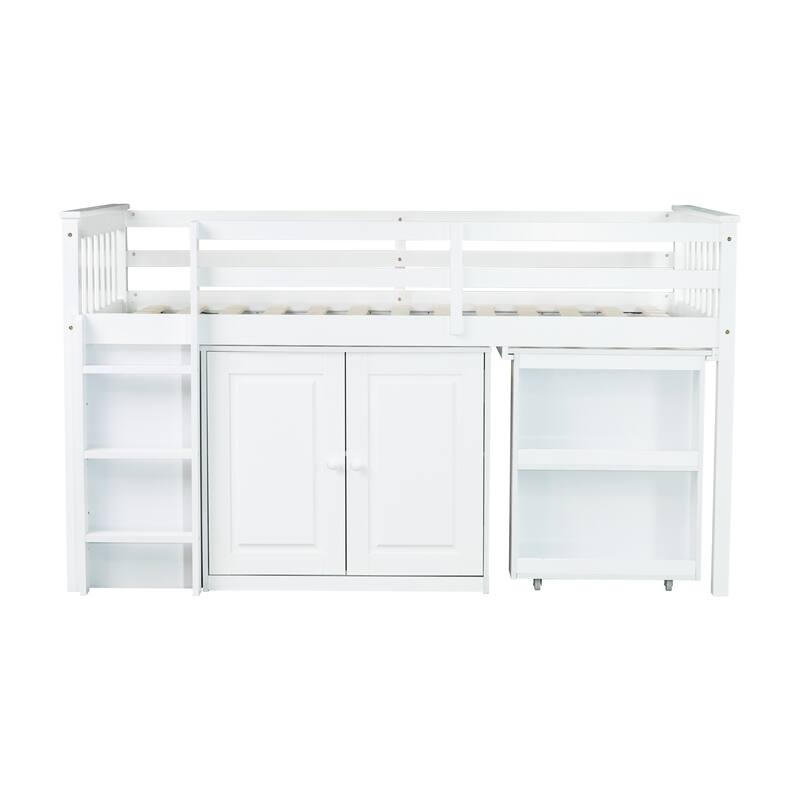 Twin Rubber Wood Loft Bed with Cabinet, Drawer, Shelf,Pulling-Out Desk