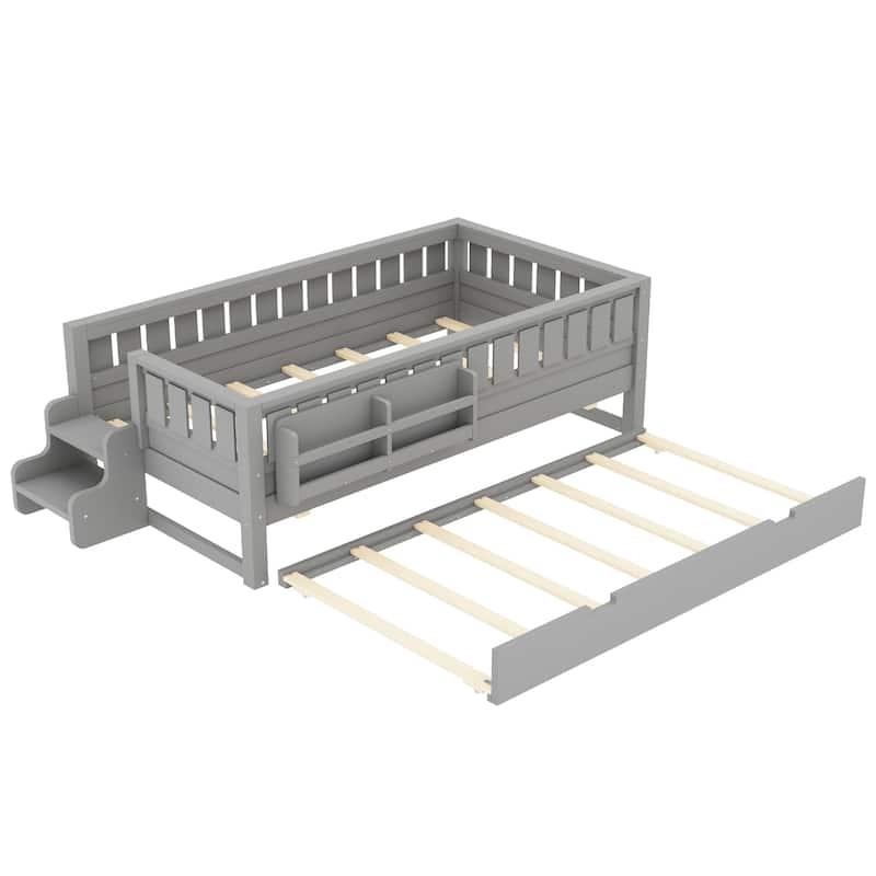 Roomfitters Floor Bed with Bookshelf and Trundle, Low Profile Frame with Step Entry