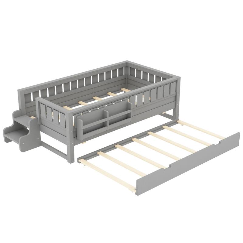 Twin with Built-in Bookshelves and Small Staircase, High-Quality Safety Rails, and Trundle