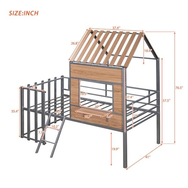 dimension image slide 0 of 2, Interesting Design Twin Size Loft Bed with Roof, Frame is Made of Metal, Window, Guardrail, Ladder