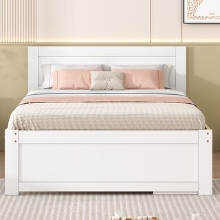 Full Size Platform Bed with Storage Drawer, Wooden Bed with Two Shelves, Space-saving Bed with Headboard, White
