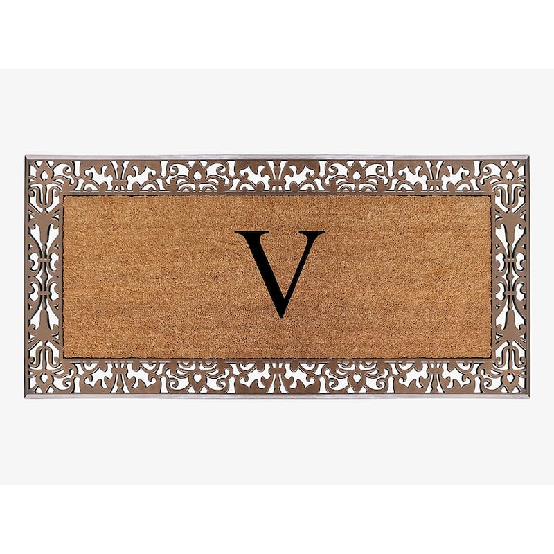 A1HC Natural Coir Monogrammed Door Mat For Front Door, 30"X60", Anti-Shed Treated Durable Doormat for Outdoor Entrance - V