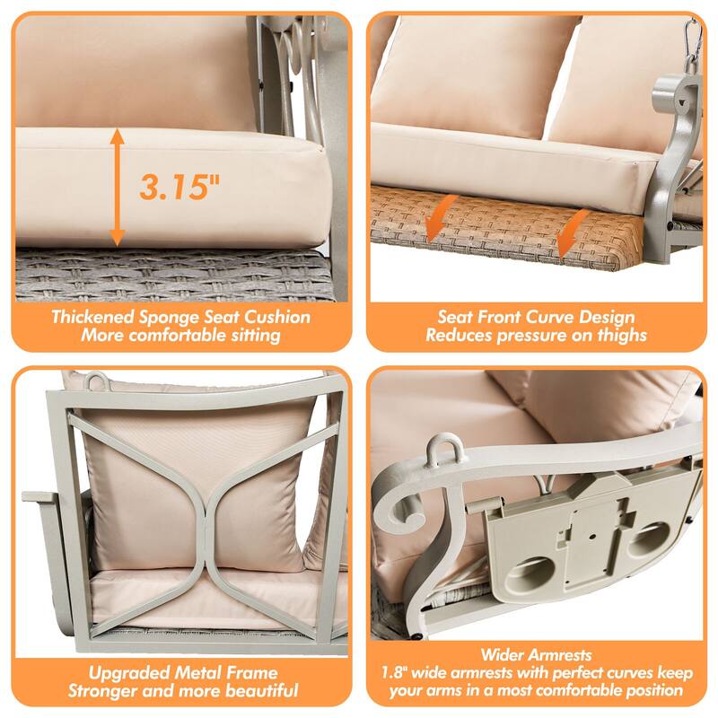 3-Person Wicker Patio Swing with Cushions & Pillows