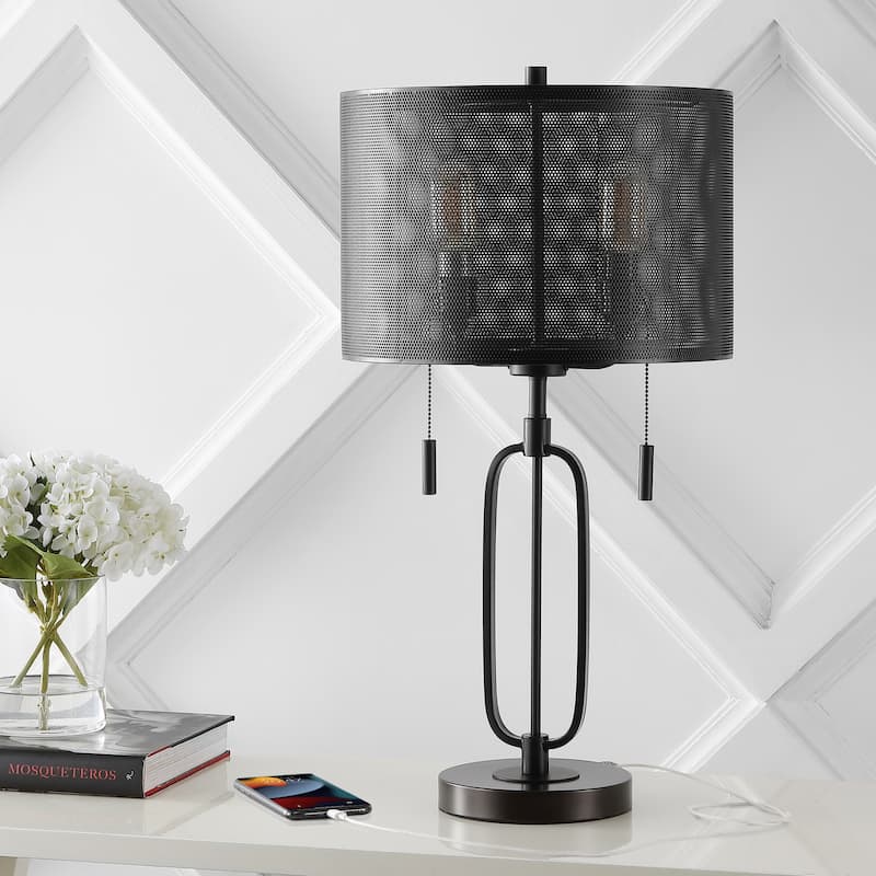 Asher 27" 2-Light Industrial Farmhouse Iron LED Table Lamp with USB Charging Port, Oil Rubbed Bronze by JONATHAN Y